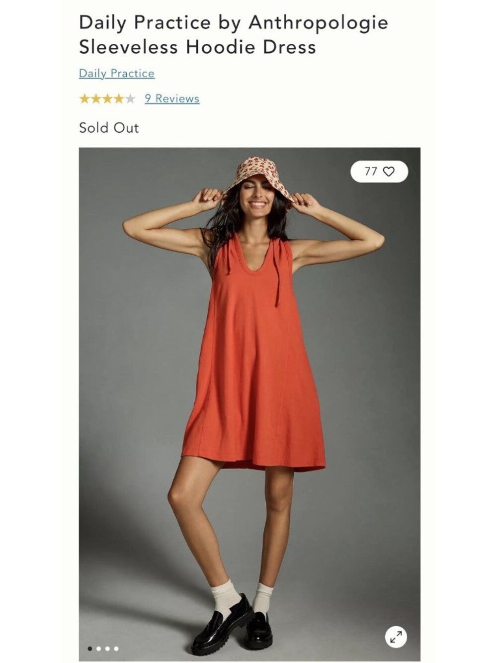 Daily Practice Anthropologie Sleeveless Hoodie Dress Orange Medium M Coverup